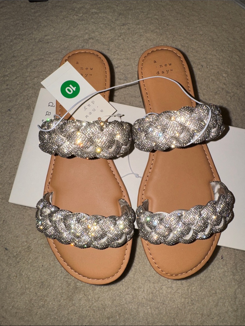 a new day Silver Braided Crystal Slide Lucy Sandals - Women (NWT)